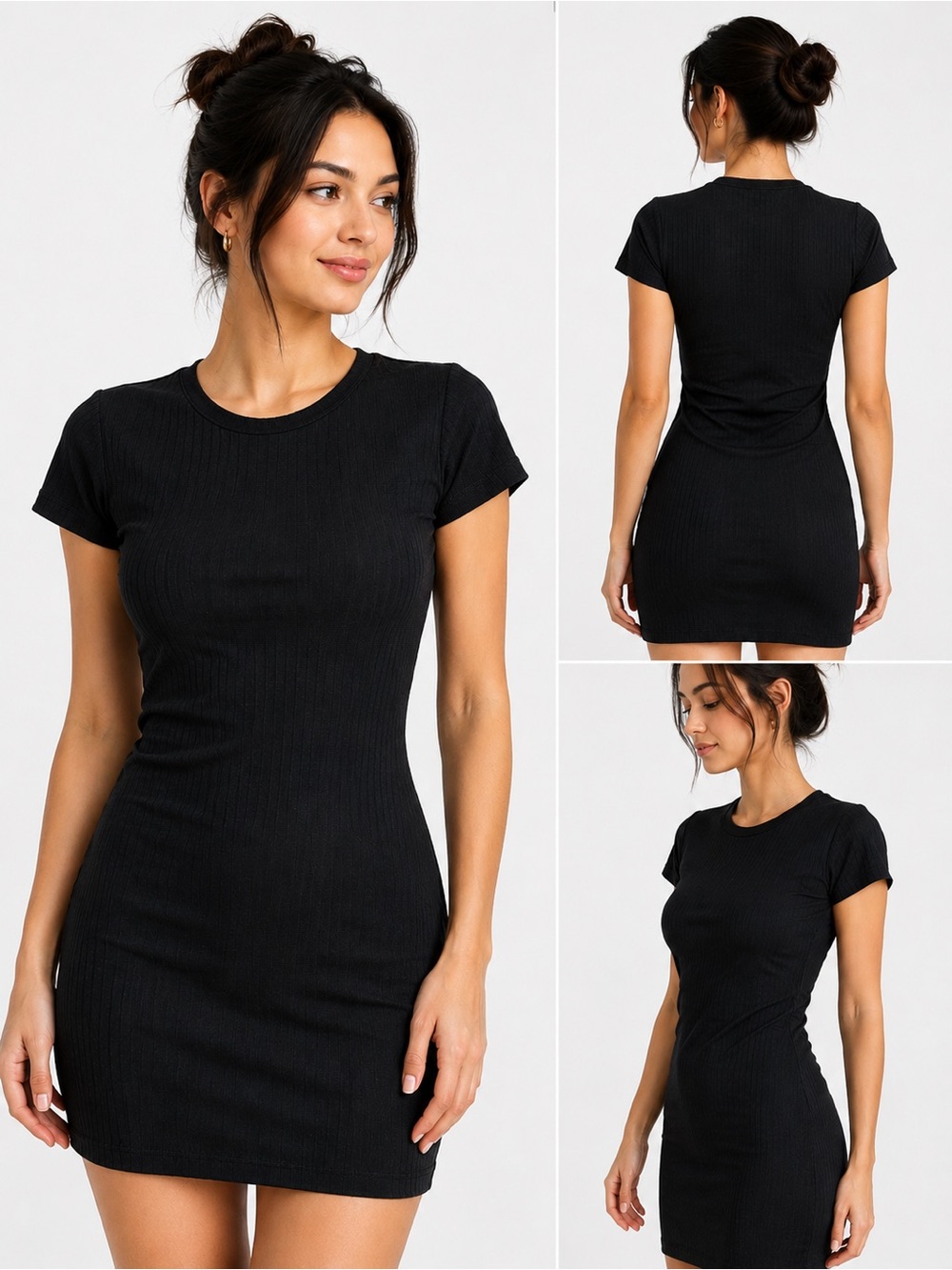 Black Ribbed Short Sleeve Bodycon Dress - Classic Women's Style